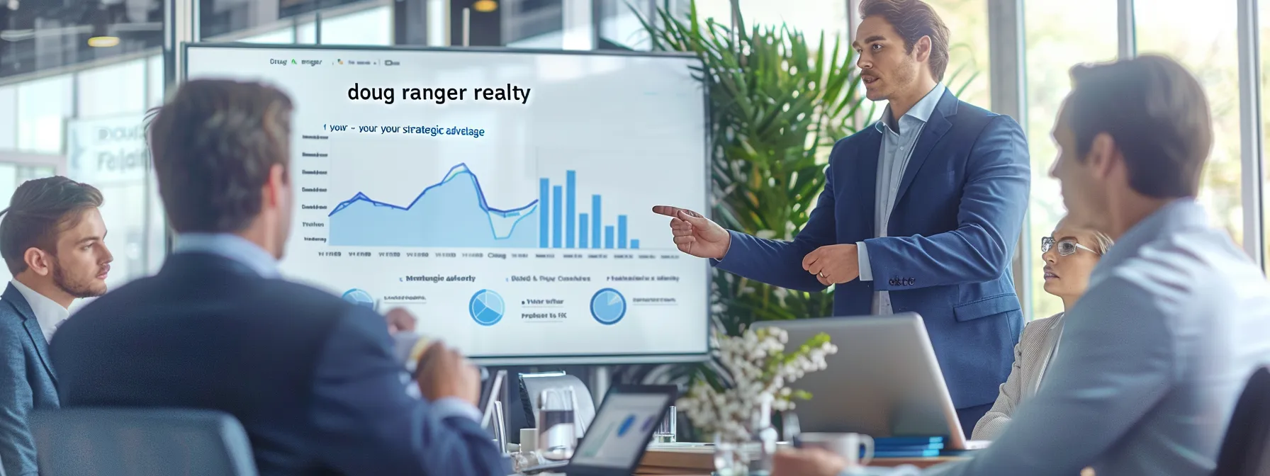 a group of business professionals gathered around a table, pointing to a graph showing increased profits, with a banner reading "doug ranger realty - your strategic advantage" in the background.