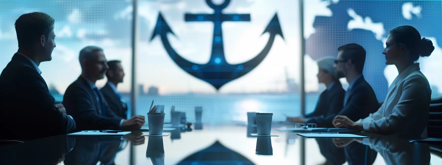 a professional business team working together at a conference table with a large anchor symbol in the background.