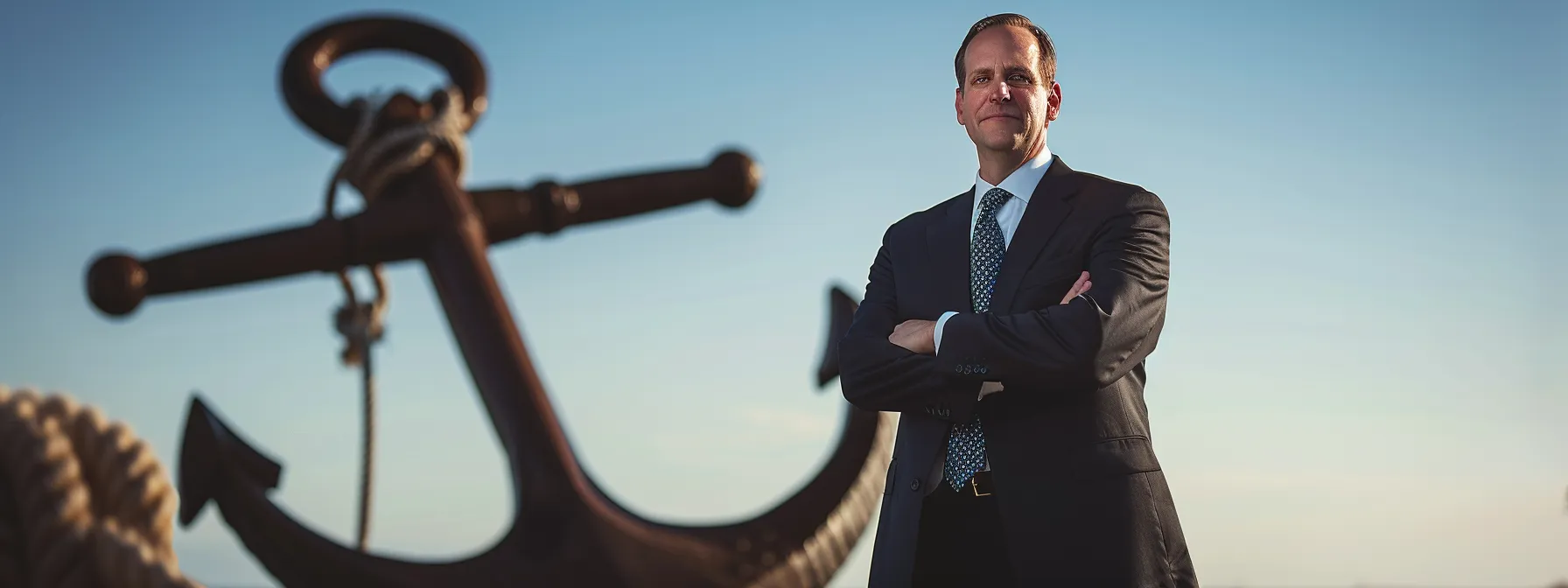 a colorado probate attorney standing confidently next to an anchor symbolizes stability and trustworthy legal services.
