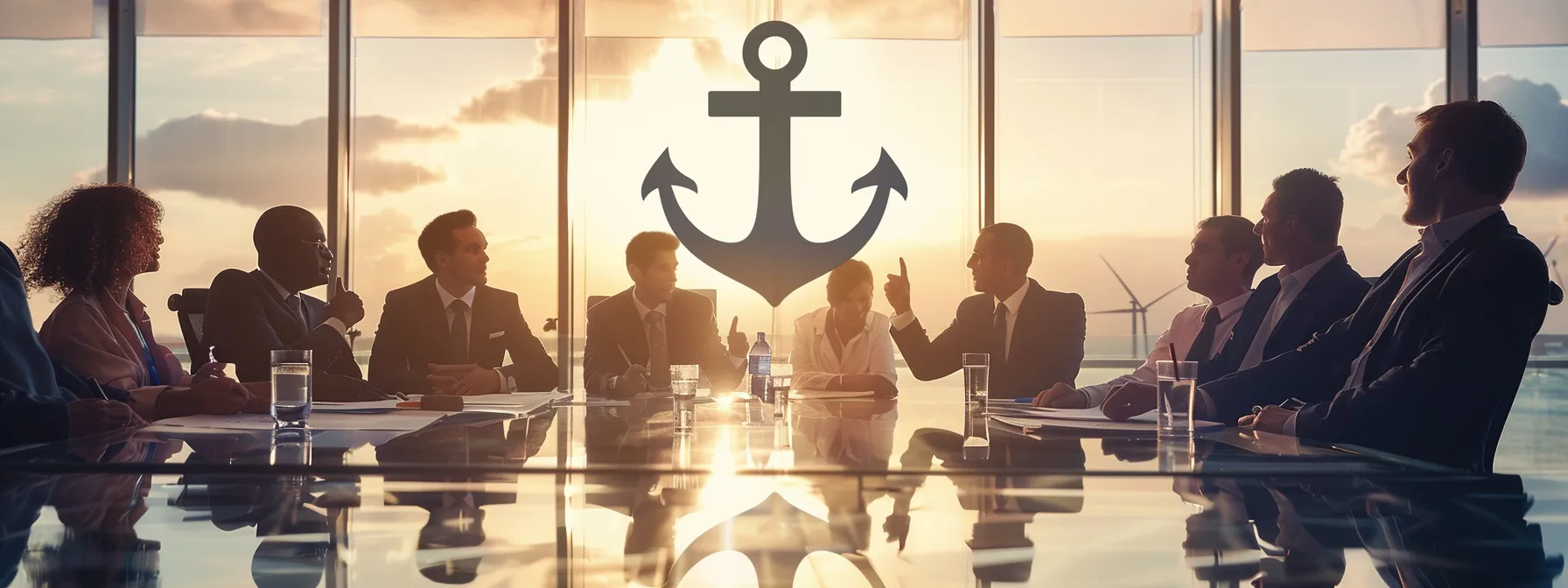 a group of business professionals sitting at a conference table, pointing at a large anchor symbol while engaged in a lively discussion about the benefits of va home care philadelphia for veterans.