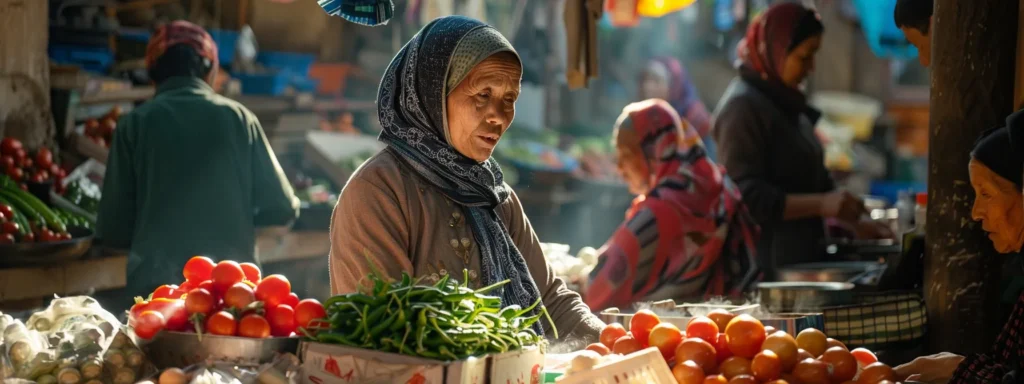a businesswoman conversing with locals at a traditional market stall.