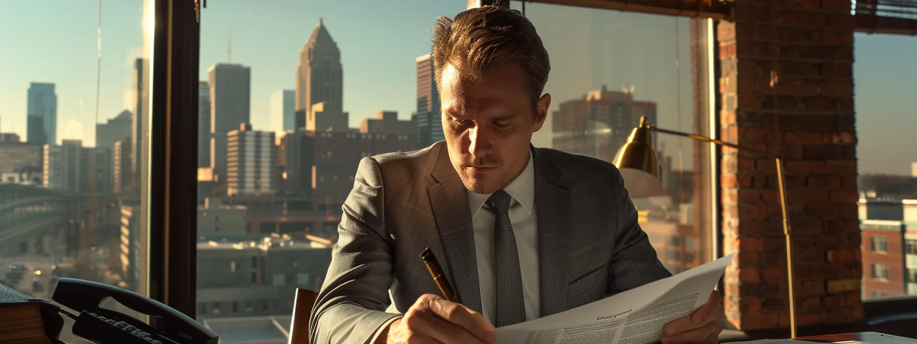 a focused businessman reviews documents at a desk, surrounded by property listings and a kansas city skyline in the background.