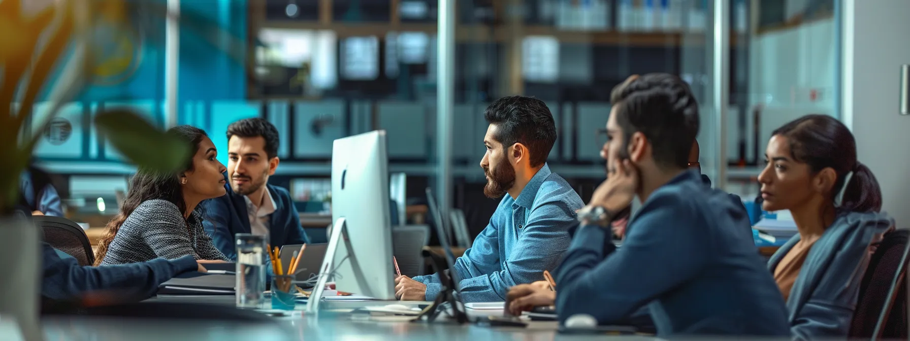 a group of professionals gathered around a computer, analyzing client data and discussing tailored strategies for success at the dillon agency.