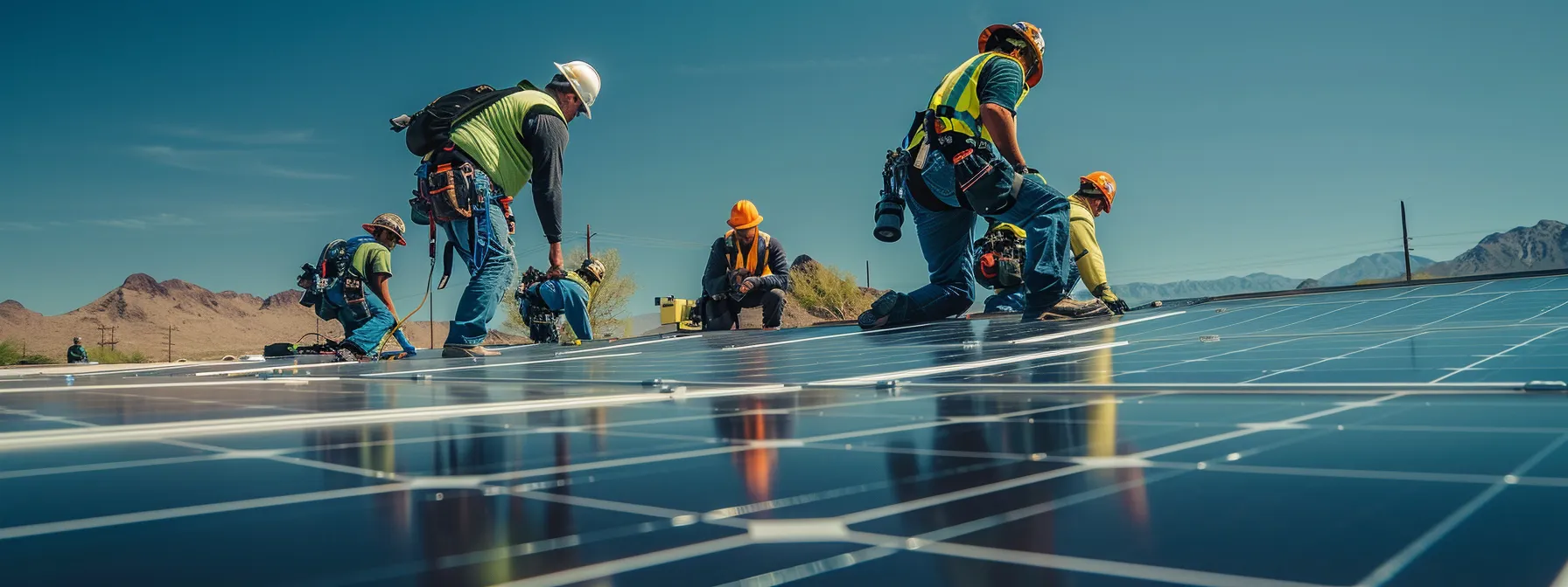 a group of workers installing solar panels on a roof under the arizona sun.